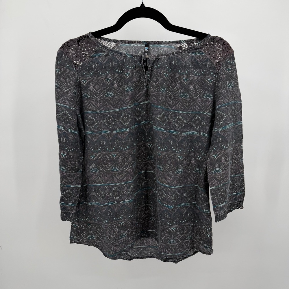 Kuhl Womens M Blouse Grey Organic Cotton Silk Blend Geometric Print Crochet Lace
